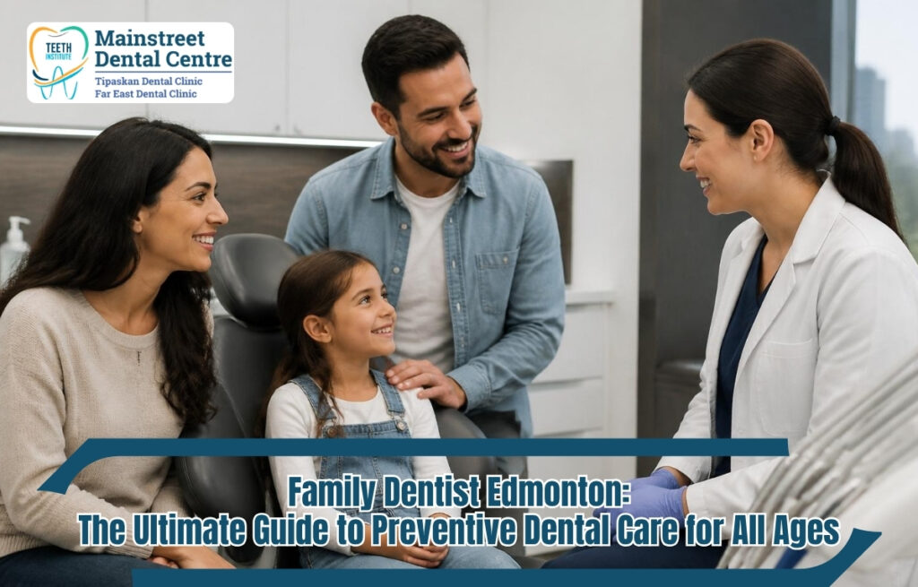Happy family discussing dental health at Main Street Dental Clinic Edmonton