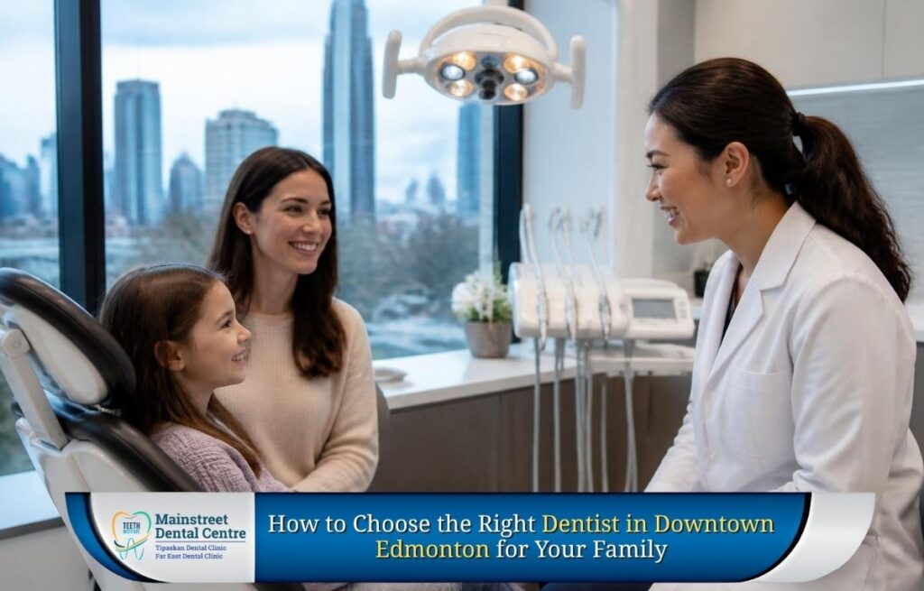Family consulting with a dentist in downtown Edmonton at Main Street Dental Clinic