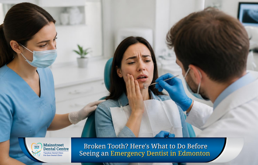 Emergency dentist treating a patient with a broken tooth at Main Street Dental Clinic Edmonton