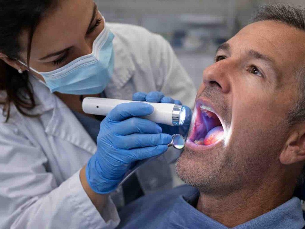 Dentist performing an oral cancer screening in Edmonton